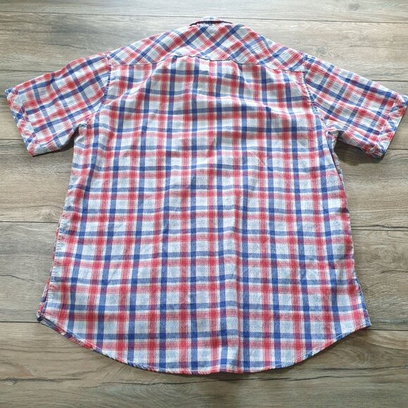 Dukes Bark Men L Plaid Short Sleeve Button Up Shirt Seersucker Casual Patriotic - Picture 6 of 8